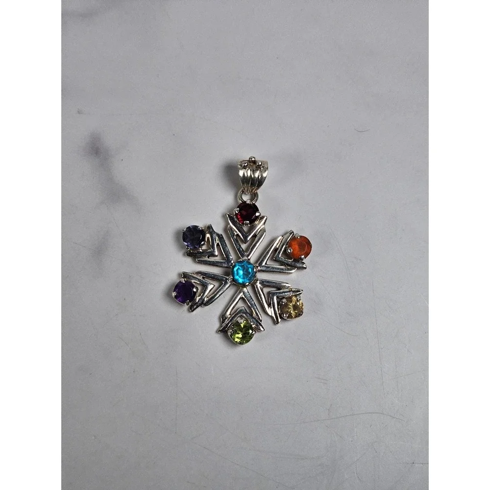 Vintage Sterling Silver Multistone Snowflake Pendant | Colorful Gemstone Charm - Picture 2 of 7